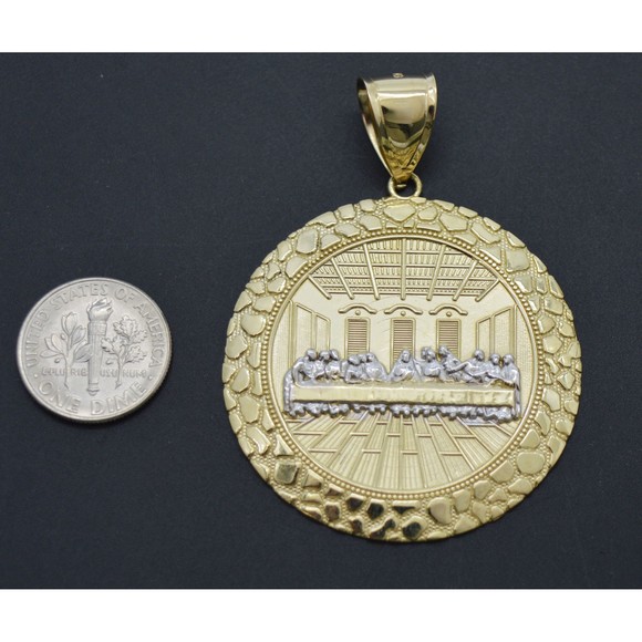10k Solid Gold Last Supper Round Jesus Medallion Nugget Charm Pendant 41mm 7.7gr - Picture 1 of 6